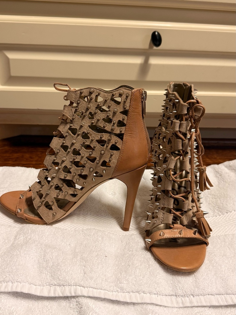 Sam Edelman Tan Studded Lace-Up Open-Toe Heels - Picture 3 of 8